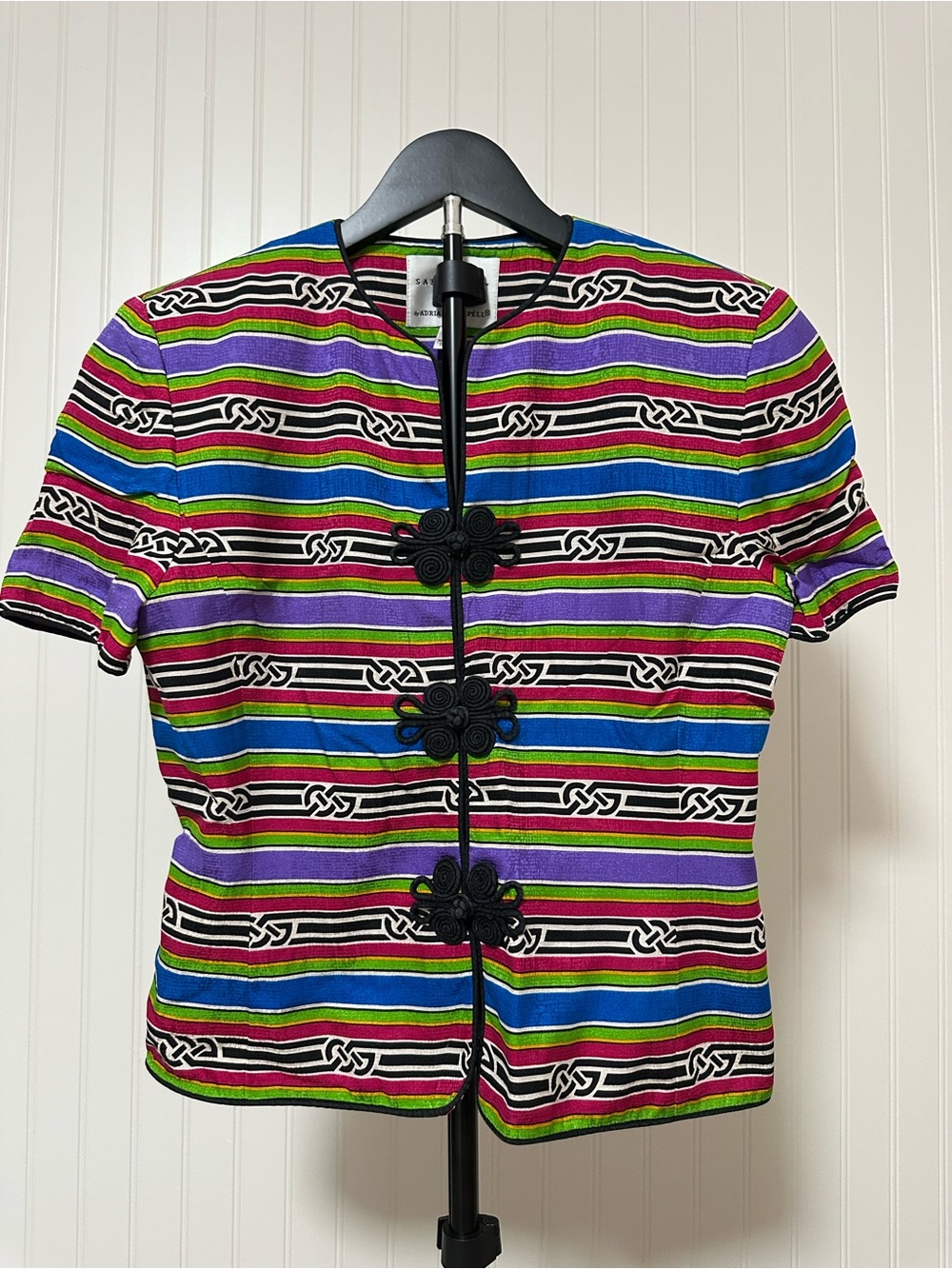 Vintage Adrianna Papell Safe Silk Rainbow Striped Frog Closure Top Size 8P
